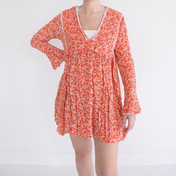 Free People  Like You Best Orange Flora Long Sleeve Mini Dress M - Picture 2 of 12